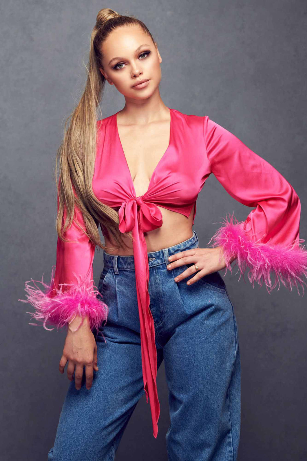Fuchsia Feather Trim Long Sleeve Blouse