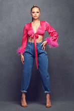 Fuchsia Feather Trim Long Sleeve Blouse