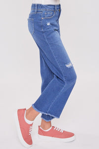 Medium Denim Girls Millie Elastic Back Wide Leg Fray Hem Jean