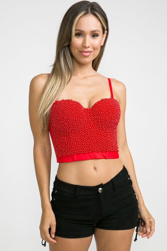 Red Pearl Beaded Push Up Bustier Bra Crop Top