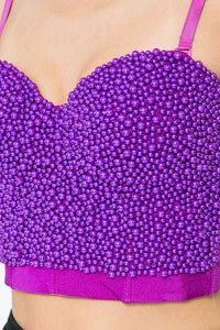 Purple Pearl Beaded Push Up Bustier Bra Crop Top