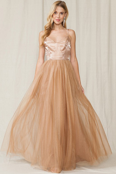 Mocha Sleeveless Tulle Maxi Dress