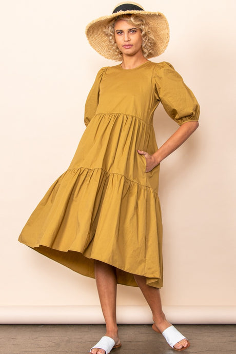 Camel Poplin Tiered Midi Dress