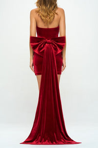Deep Red Velvet Bow Train Bodycon Mini Dress