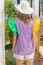 Purple Mardi Gras Color Block Sequin Top Organza Sleeve