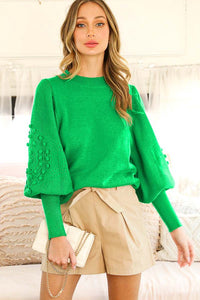 Green Textured Long Puff Sleeve Sweater Top