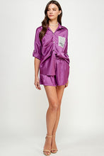 Purple 3Q Slv Button Down Satin Shirt And Short Pants Set