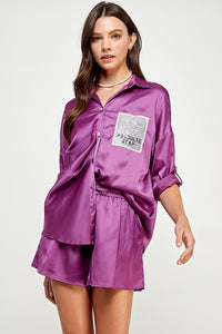 Purple 3Q Slv Button Down Satin Shirt And Short Pants Set