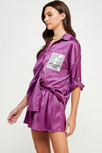 Purple 3Q Slv Button Down Satin Shirt And Short Pants Set