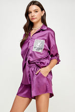 Purple 3Q Slv Button Down Satin Shirt And Short Pants Set