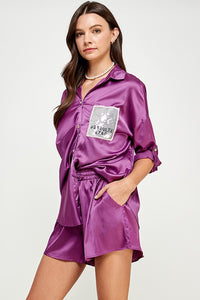 Purple 3Q Slv Button Down Satin Shirt And Short Pants Set