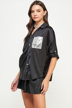 Black3Q Slv Button Down Satin Shirt And Short Pants Set