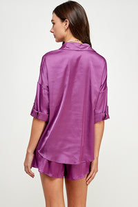 Purple 3Q Slv Button Down Satin Shirt And Short Pants Set