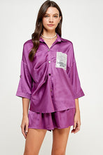 Purple 3Q Slv Button Down Satin Shirt And Short Pants Set