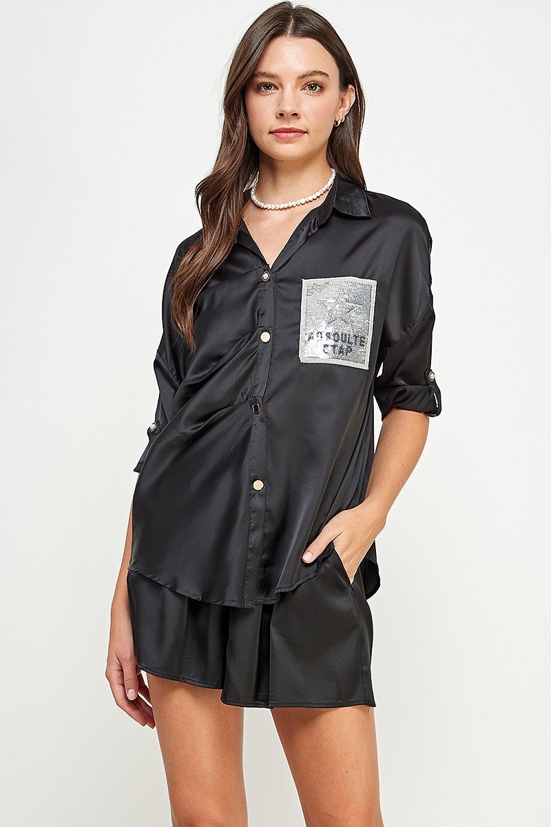 Black3Q Slv Button Down Satin Shirt And Short Pants Set