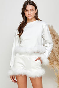 White Women Faux Fur Long Crop Top Mini Shorts Set