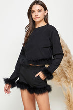 Black Women Faux Fur Long Crop Top Mini Shorts Set