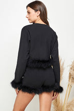 Black Women Faux Fur Long Crop Top Mini Shorts Set