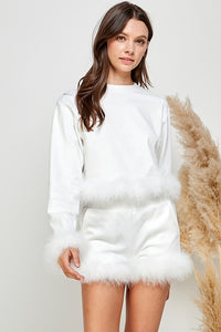 White Women Faux Fur Long Crop Top Mini Shorts Set