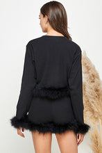 Black Women Faux Fur Long Crop Top Mini Shorts Set