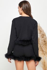 Black Women Faux Fur Long Crop Top Mini Shorts Set