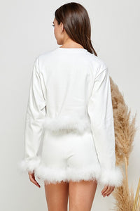 White Women Faux Fur Long Crop Top Mini Shorts Set