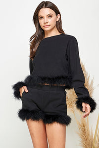 Black Women Faux Fur Long Crop Top Mini Shorts Set