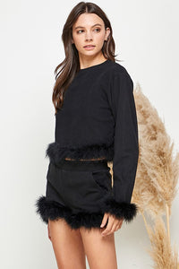 Black Women Faux Fur Long Crop Top Mini Shorts Set