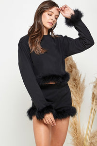 Black Women Faux Fur Long Crop Top Mini Shorts Set