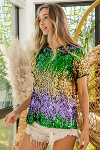 Purple/Green/Must Mardi Gras Color Block Sequin Top