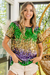 Purple/Green/Must Mardi Gras Color Block Sequin Top