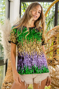 Purple/Green Mardi Gras Color Block Sequin Top