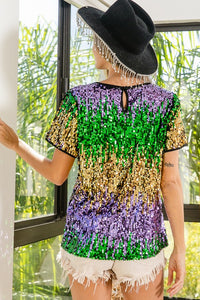 Purple/Green/Must Mardi Gras Color Block Sequin Top