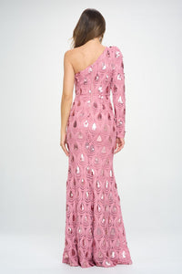 Mauve One Shoulder, Long Sleeve Maxi Dress With Sequence Detailing