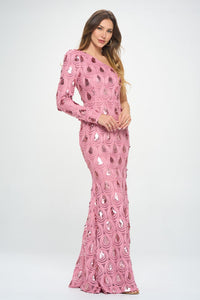 Mauve One Shoulder, Long Sleeve Maxi Dress With Sequence Detailing