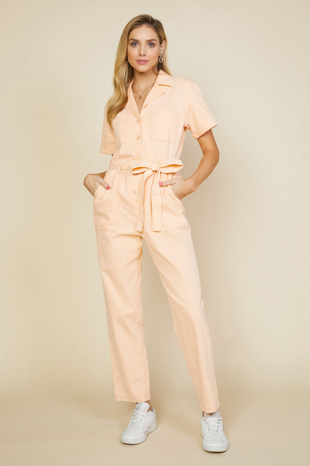 Apricot Short Sleeve Washed Utility Jumpsuit