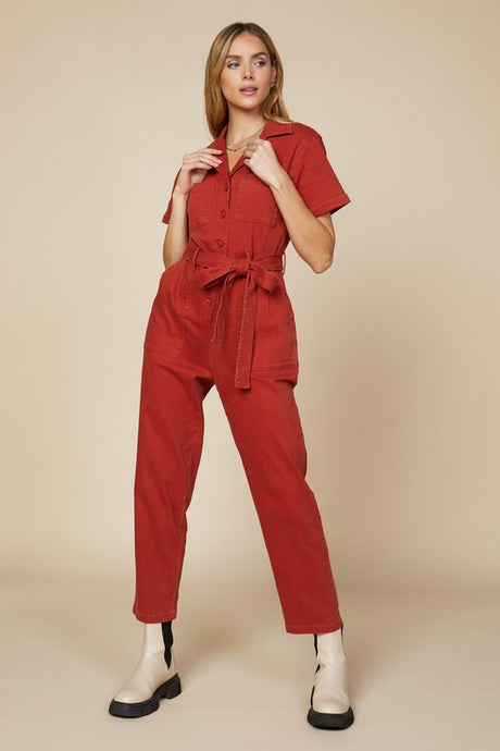 Rust Short Sleeve Washed Utility Jumpsuit