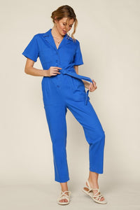 Blue Short Sleeve Washed Utility Jumpsuit