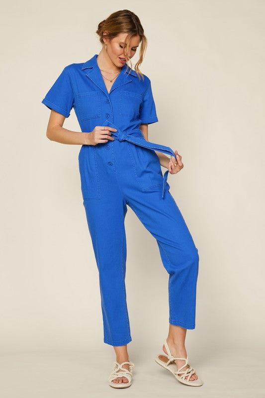 Blue Short Sleeve Washed Utility Jumpsuit