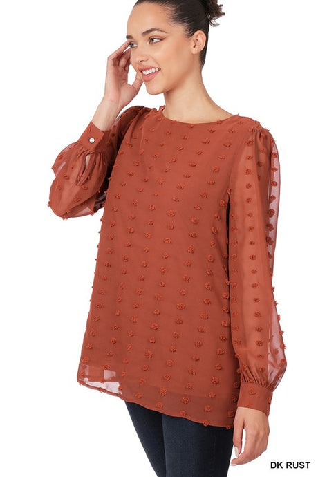 Dk Rust Swiss Dot Round Neck Blouse