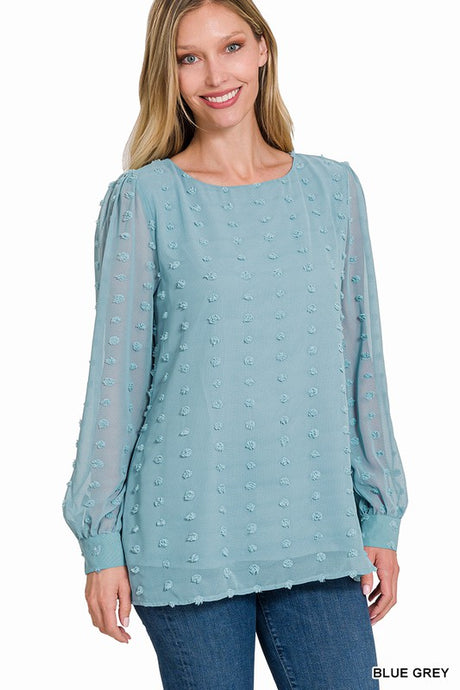 Blue Grey Swiss Dot Round Neck Blouse