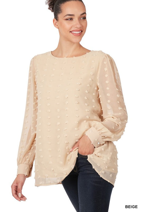 Beige Swiss Dot Round Neck Blouse