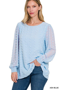 Ash Blue Swiss Dot Round Neck Blouse