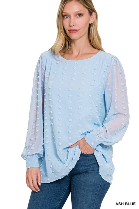 Ash Blue Swiss Dot Round Neck Blouse