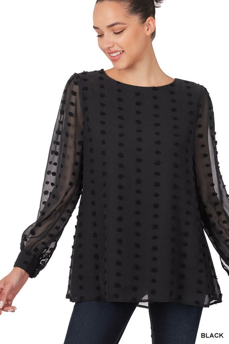 Black Swiss Dot Round Neck Blouse