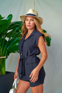 Black Linen Padded Vets & Shorts Set