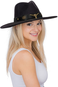 Black Longhorn Monochrome Belt Wide Felt Rancher Hat