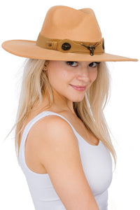 Beige Longhorn Monochrome Belt Wide Felt Rancher Hat