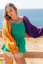 Green/Purple/Must Mardi Gras Color Block Gauze Baby Doll Top