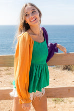 Green/Purple/Must Mardi Gras Color Block Gauze Baby Doll Top